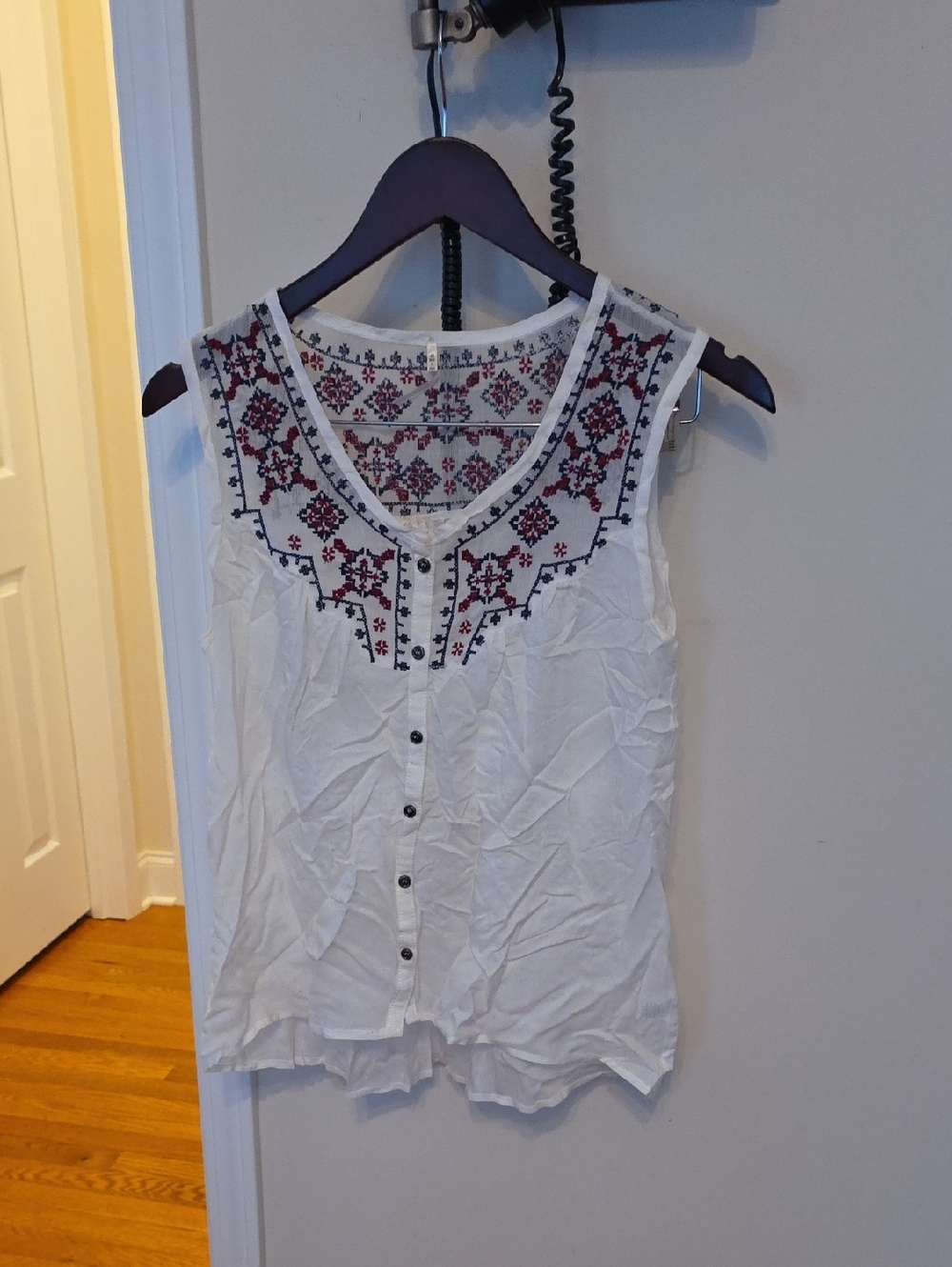 White Embroidered Sleeveless Button-Front Top
